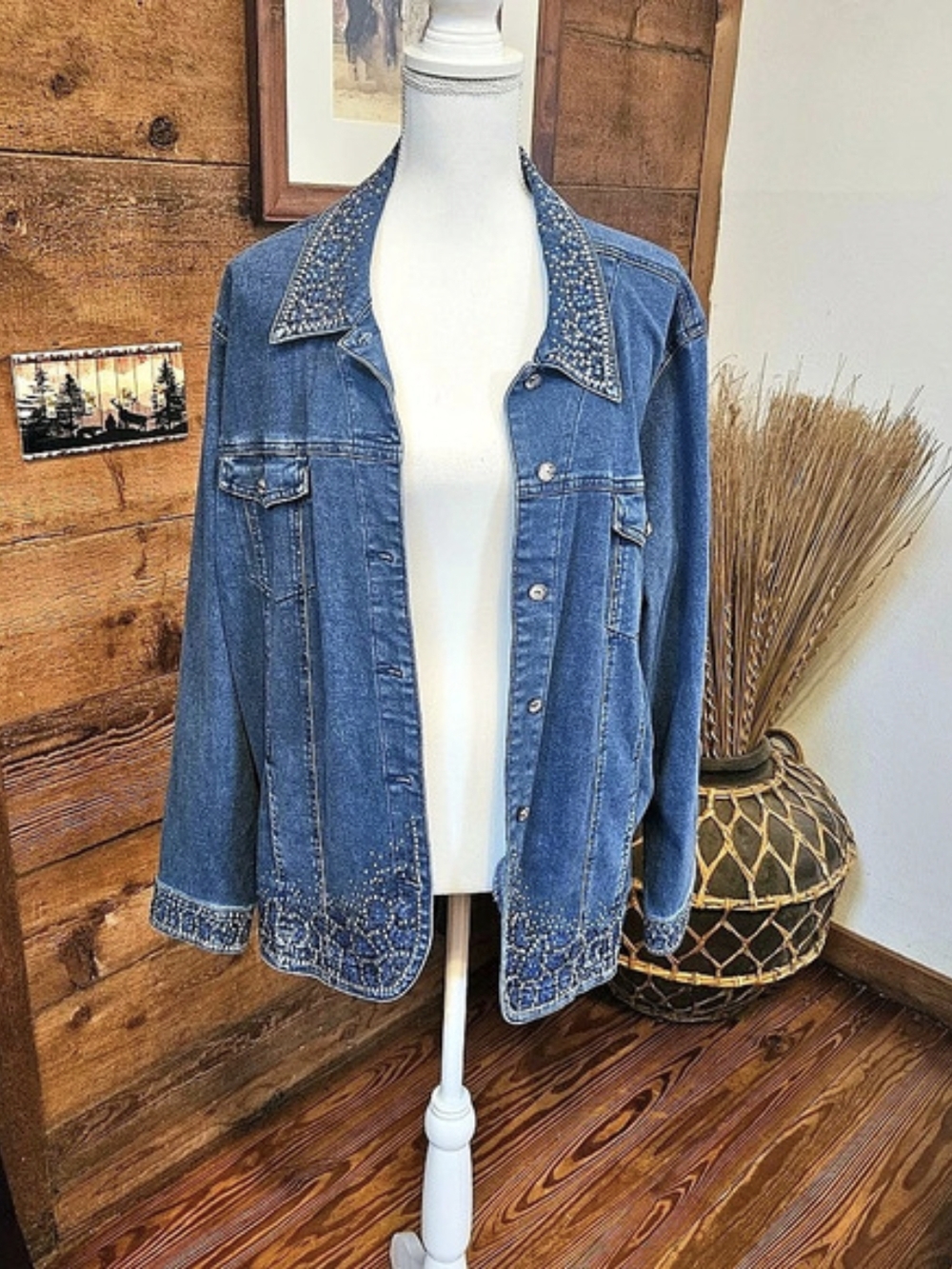 Vintage Quacker Factory Embellished Denim Jacket in Blue Size XL Like New